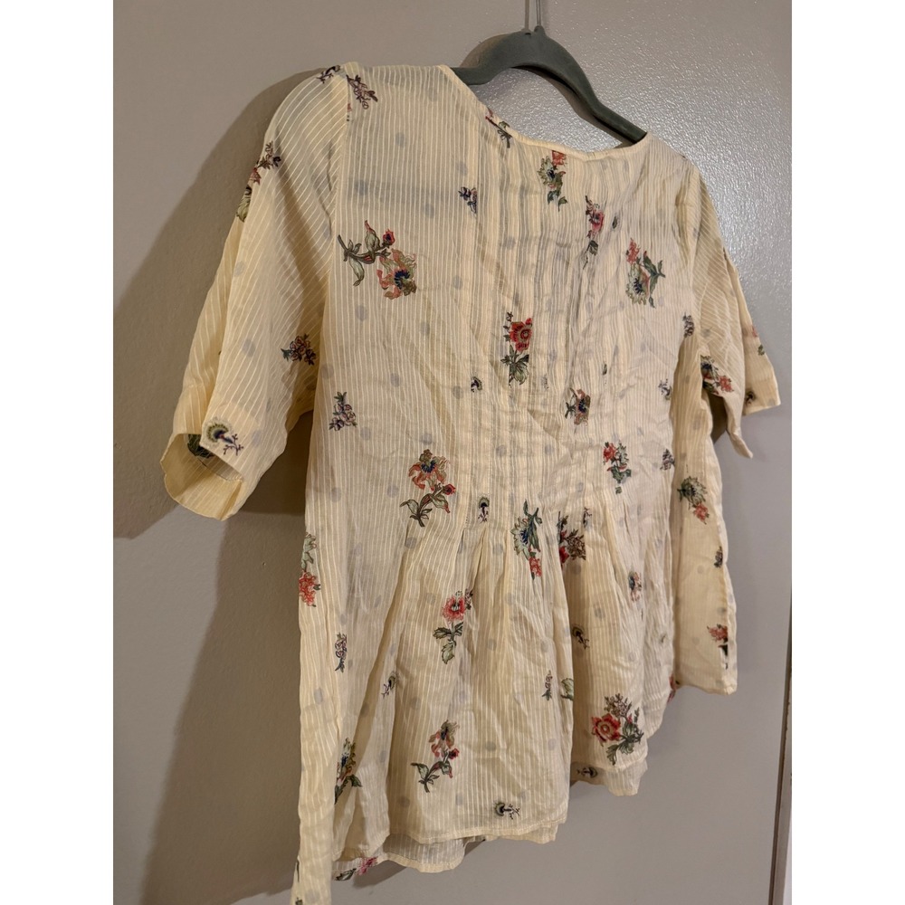 Maeve Anthropologie Floral Striped V-Neck Blouse Cream Short Sleeve Pleated Sz 0 - Picture 6 of 6